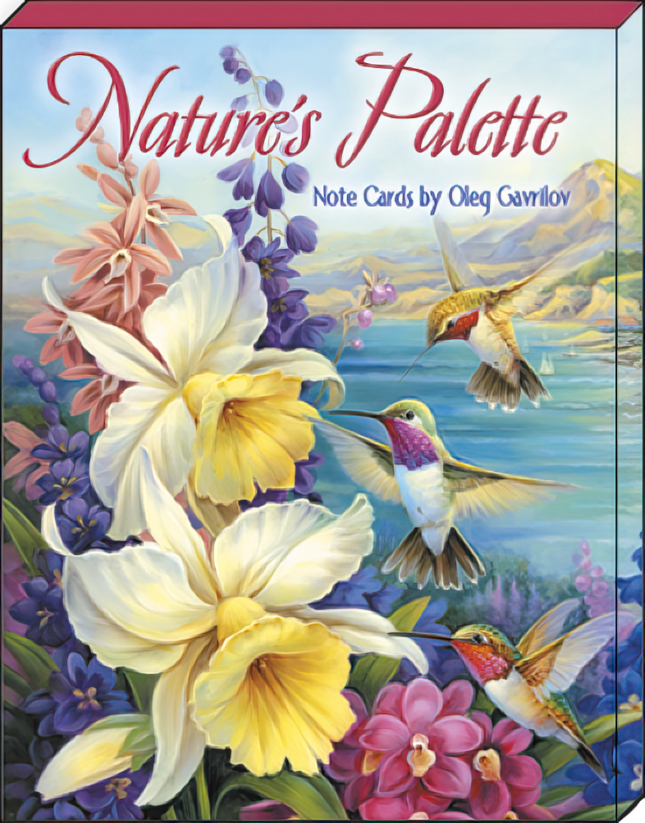 Nature's Palette Note Cards by Oleg Gavrilov box cover showing a vibrant design of hummingbirds amidst colorful daffodils and purple flowers against a serene waterscape.