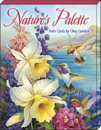 Nature's Palette Note Cards by Oleg Gavrilov box cover showing a vibrant design of hummingbirds amidst colorful daffodils and purple flowers against a serene waterscape.
