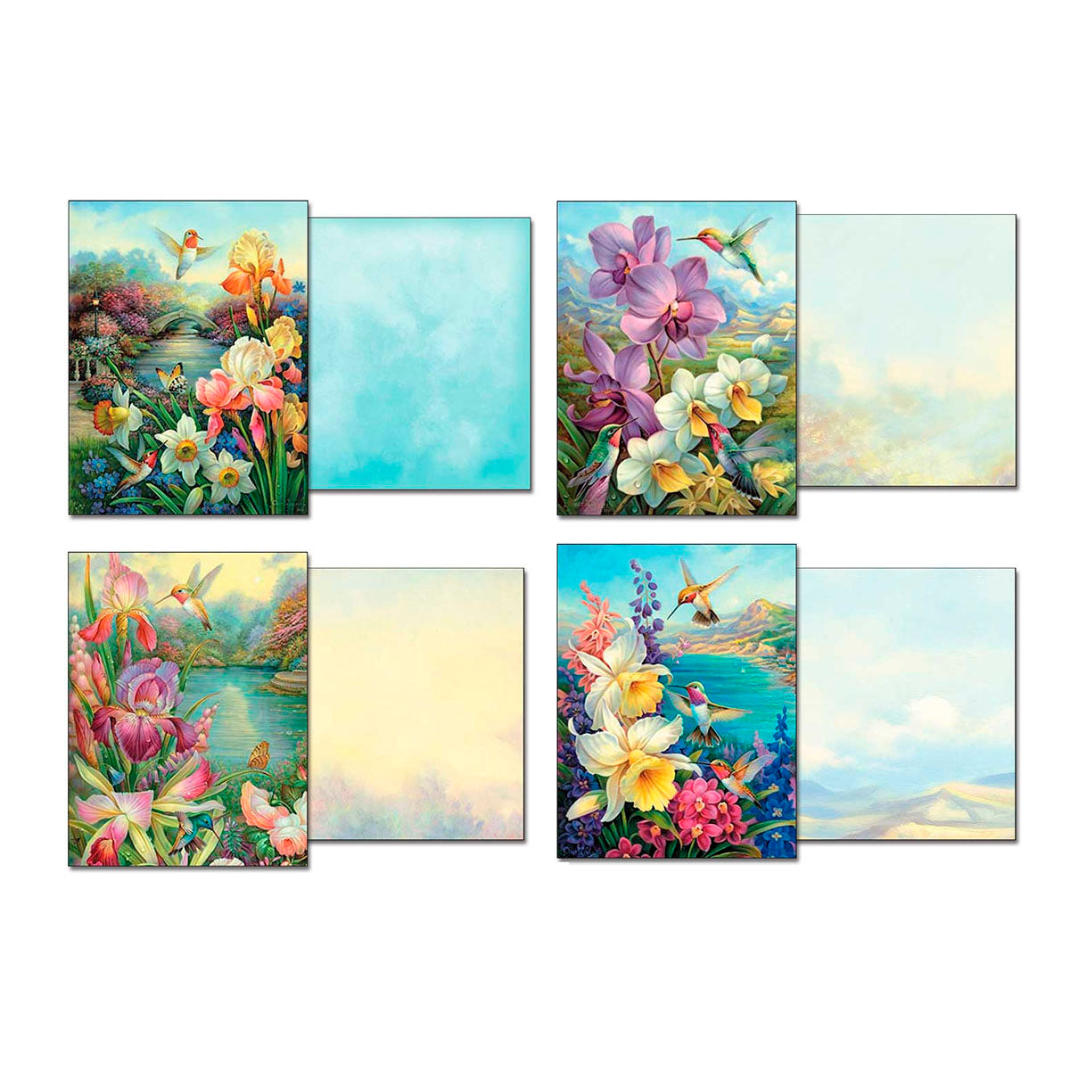 Four different greeting cards from the Nature's Palette assortment, each displaying unique floral and hummingbird artwork on the front and a soft pastel or plain interior on the inside for writing.