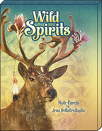 Close-up of the 'Wild Spirits' greeting card box, showcasing a vibrant illustration of a majestic stag adorned with flowers and feathers, with the title 'Wild Spirits Note Cards by Jena DellaGrottaglia'.