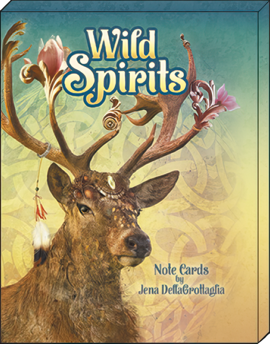 Close-up of the 'Wild Spirits' greeting card box, showcasing a vibrant illustration of a majestic stag adorned with flowers and feathers, with the title 'Wild Spirits Note Cards by Jena DellaGrottaglia'.