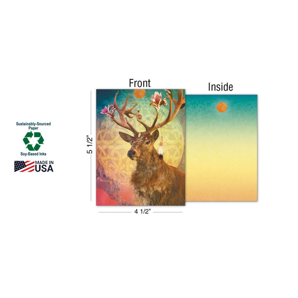 Individual 'Wild Spirits' greeting card featuring a majestic stag, shown with its back and front, alongside dimensions (5 1/2'' x 4 1/2'') and eco-friendly logos for 'Sustainably-Sourced Paper', 'Soy-Based Inks', and 'Made In USA'.