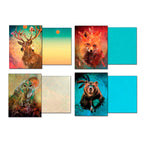 Four individual 'Wild Spirits' greeting cards spread out, displaying the blank interior of each card, featuring artistic illustrations of a stag, fox, owl, and bear on the covers, ready for a personal message.