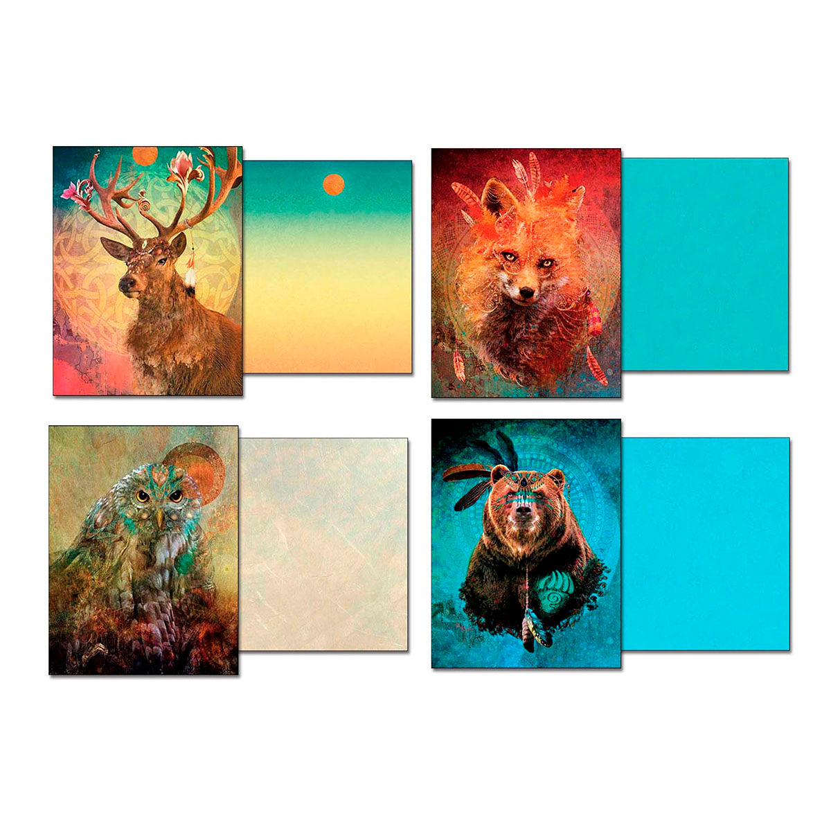 Four individual 'Wild Spirits' greeting cards spread out, displaying the blank interior of each card, featuring artistic illustrations of a stag, fox, owl, and bear on the covers, ready for a personal message.