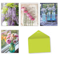 SEO-optimized alt description for a greeting card featuring vibrant purple wisteria flowers hanging amidst green foliage, suggesting spring or summer themes for an all-occasion note card assortment.