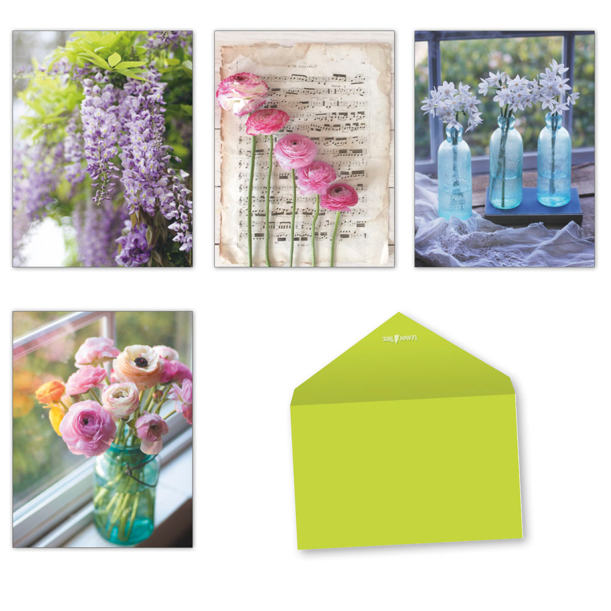 SEO-optimized alt description for a greeting card featuring vibrant purple wisteria flowers hanging amidst green foliage, suggesting spring or summer themes for an all-occasion note card assortment.