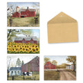 Assortment of four rustic country farm greeting cards featuring red barns, sunflowers, a cow, and a rural landscape, accompanied by a kraft paper envelope.