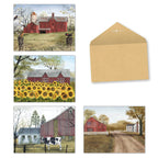 Assortment of four rustic country farm greeting cards featuring red barns, sunflowers, a cow, and a rural landscape, accompanied by a kraft paper envelope.
