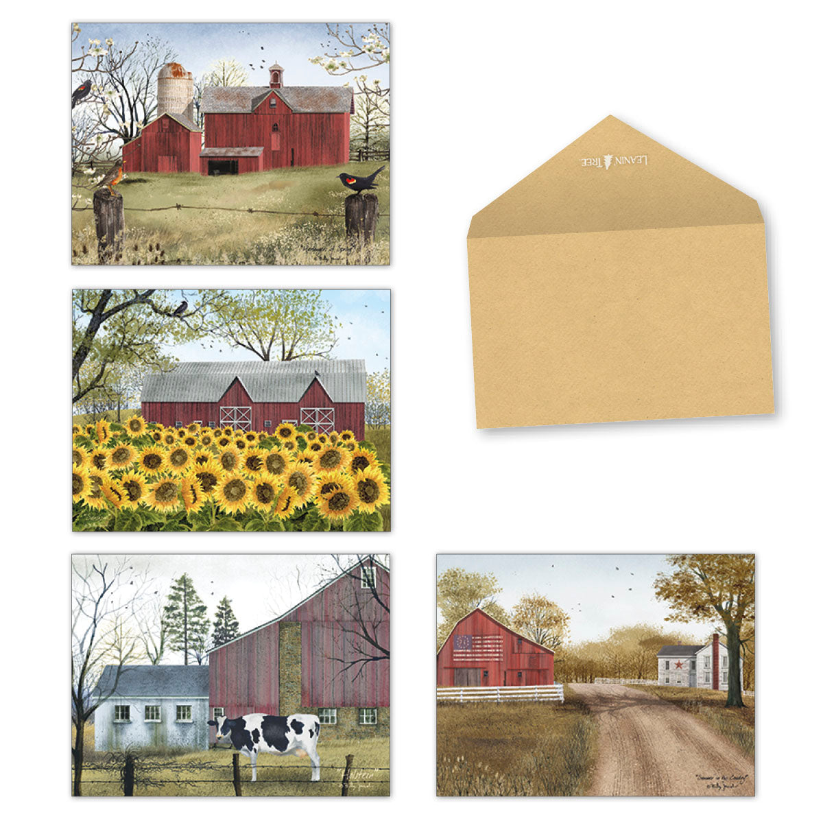 Assortment of four rustic country farm greeting cards featuring red barns, sunflowers, a cow, and a rural landscape, accompanied by a kraft paper envelope.