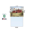 Single greeting card front displaying a red barn and silo in a rustic field with bare trees, alongside the blank inside, dimensions (5 1/2" x 4 1/2"), and 'Sustainably-Sourced Paper,' 'Soy-Based Inks,' and 'Made in USA' labels.