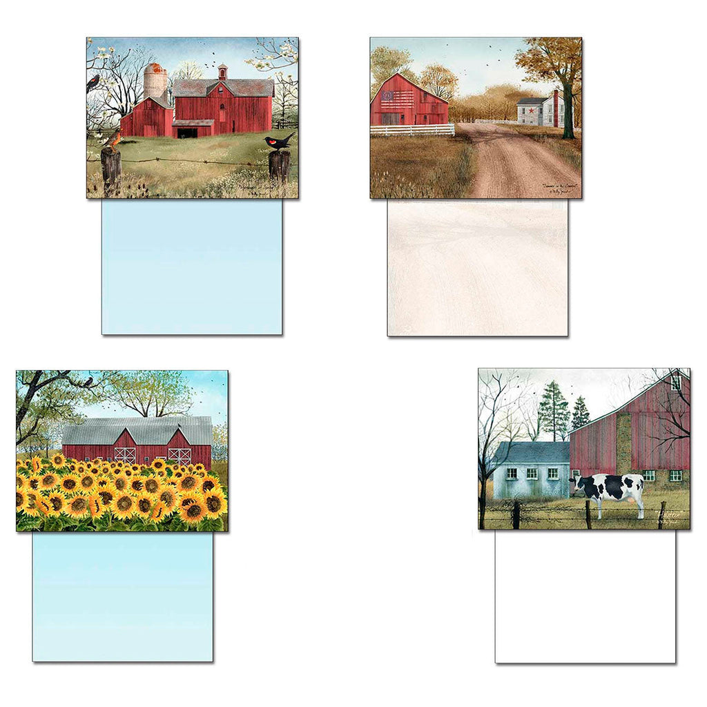 Overview of four distinct rustic greeting card designs: red barn with silo, red barn with American flag, red barn with sunflower field, and red barn with a cow, each shown with its blank interior space.