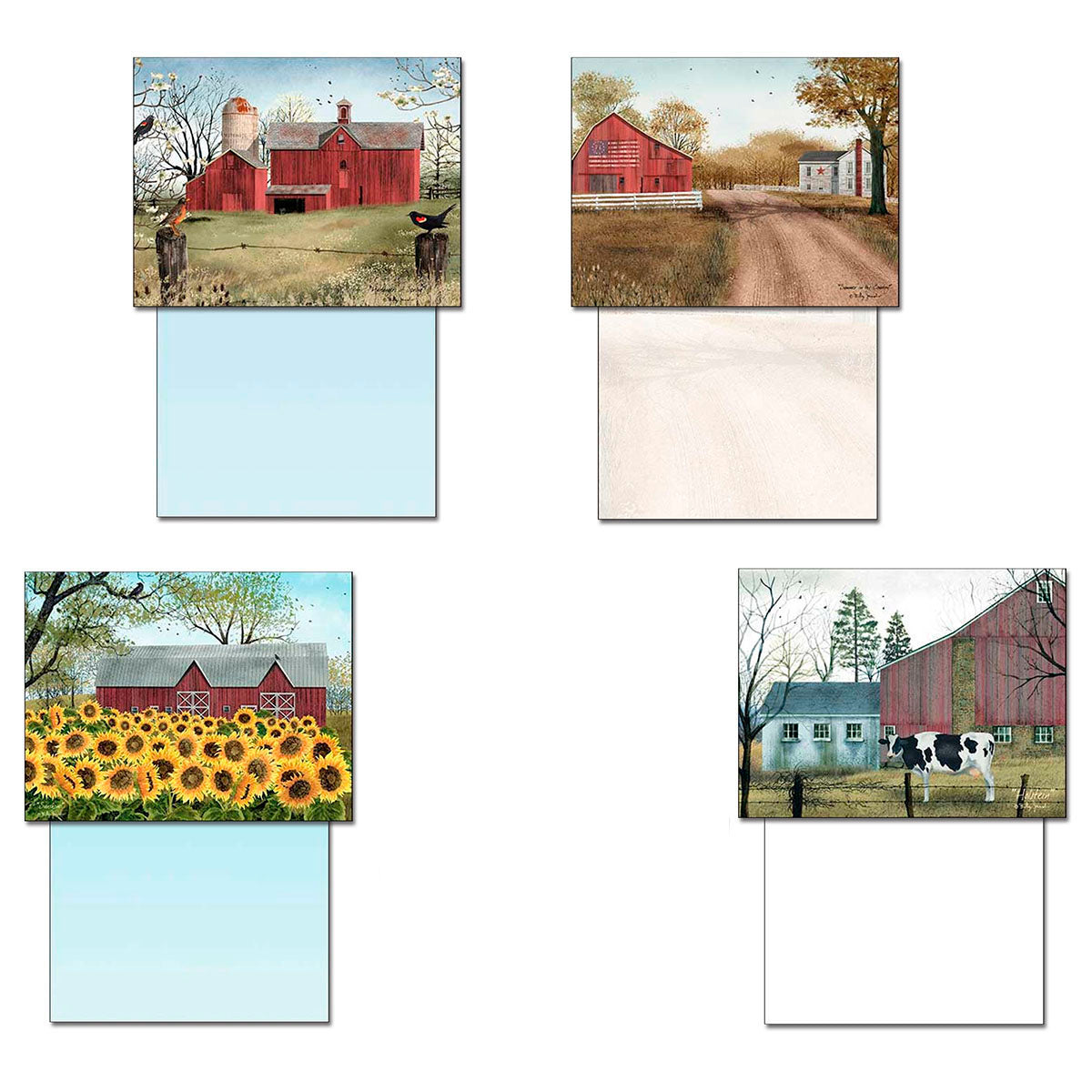 Overview of four distinct rustic greeting card designs: red barn with silo, red barn with American flag, red barn with sunflower field, and red barn with a cow, each shown with its blank interior space.
