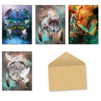 Assorted dreamcatcher note cards featuring vibrant dragonfly, wise wolf, colorful butterfly, and peaceful dove designs by Carol Cavalaris, presented with a kraft envelope.