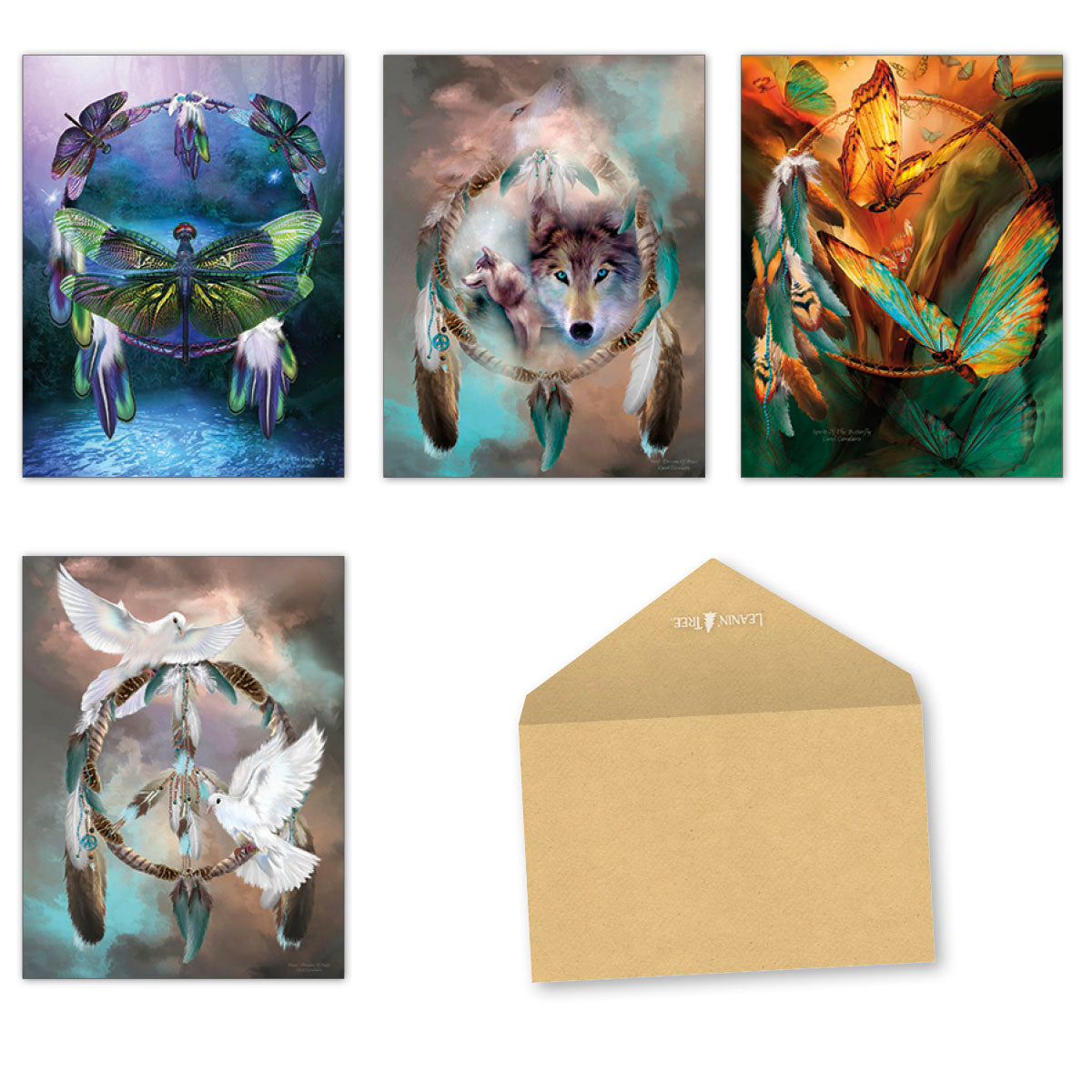 Assorted dreamcatcher note cards featuring vibrant dragonfly, wise wolf, colorful butterfly, and peaceful dove designs by Carol Cavalaris, presented with a kraft envelope.