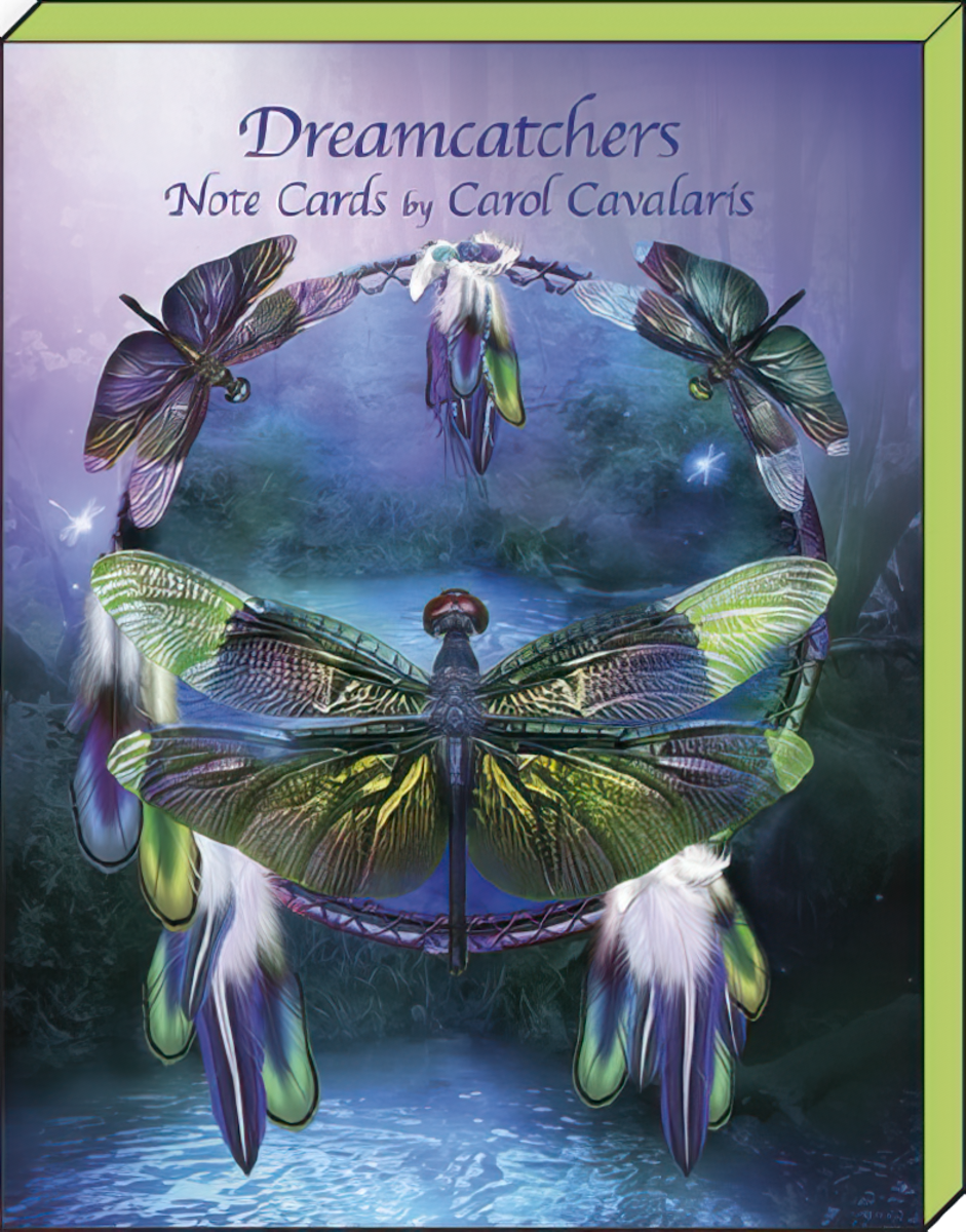 Close-up of the 'Dreamcatchers Note Cards by Carol Cavalaris' box cover, showcasing a magnificent green dragonfly within a detailed dreamcatcher.