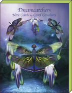 Close-up of the 'Dreamcatchers Note Cards by Carol Cavalaris' box cover, showcasing a magnificent green dragonfly within a detailed dreamcatcher.