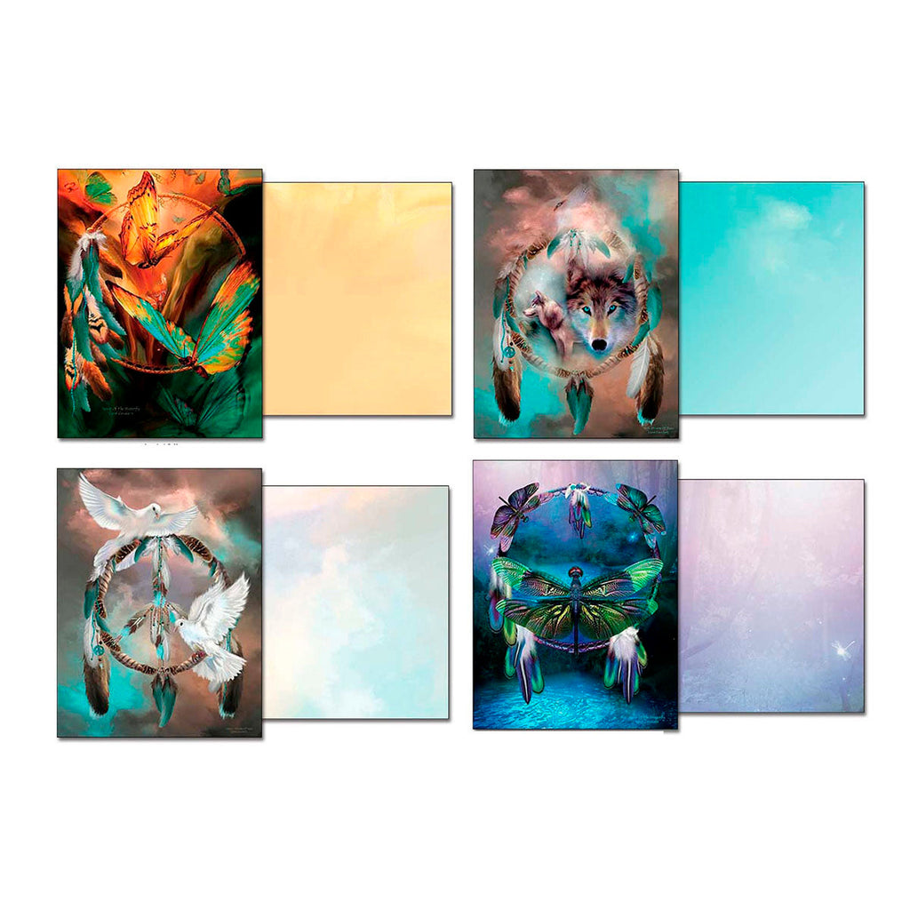Set of four unique Carol Cavalaris dreamcatcher note cards open, revealing their distinct front artwork (butterfly, wolf, dove, dragonfly) and coordinating subtle blank interior designs.