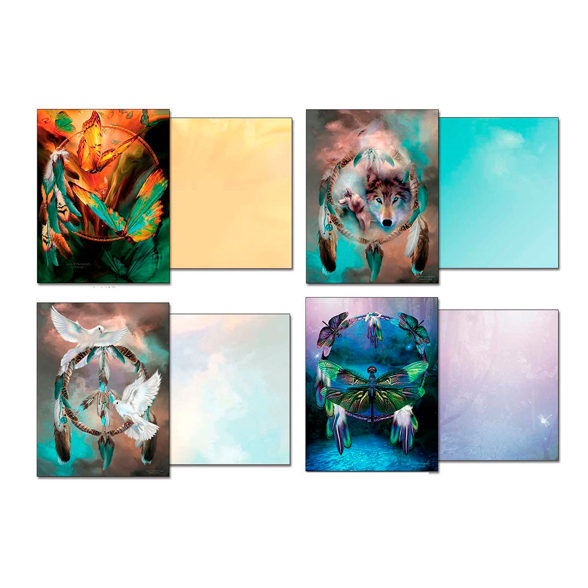 Set of four unique Carol Cavalaris dreamcatcher note cards open, revealing their distinct front artwork (butterfly, wolf, dove, dragonfly) and coordinating subtle blank interior designs.