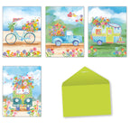 Assortment of four vibrant greeting cards featuring watercolor illustrations of a bicycle, pickup truck, camper, and bus, all overflowing with colorful flowers, shown with a lime green envelope. Perfect for sending cheerful messages.