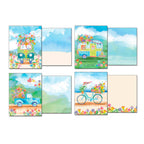 Set of four unique greeting card designs, each displayed with its blank, complementary watercolor interior. Designs include a floral bus, camper, truck, and bicycle, highlighting the artistic detail.