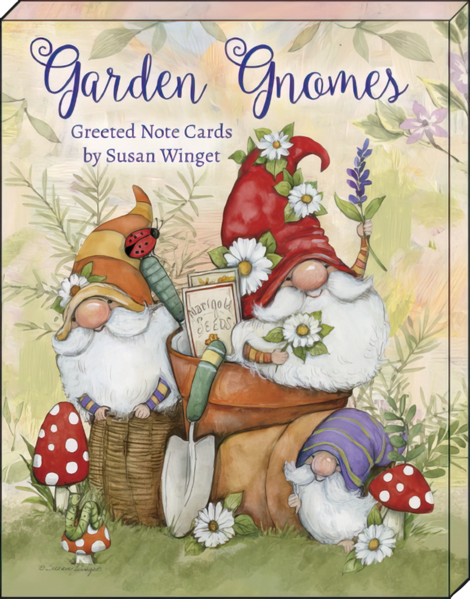 Cover of the 'Garden Gnomes Greeted Note Cards by Susan Winget' box, illustrating three adorable gnomes in a garden setting with mushrooms and flowers.