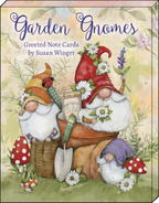 Cover of the 'Garden Gnomes Greeted Note Cards by Susan Winget' box, illustrating three adorable gnomes in a garden setting with mushrooms and flowers.