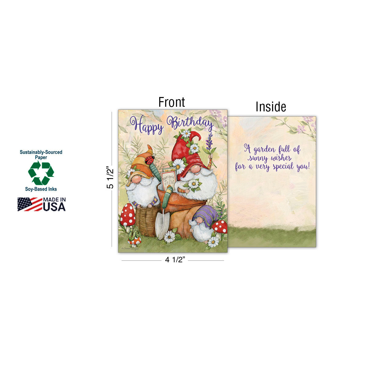 Detail shot of a Susan Winget gnome Happy Birthday card, showcasing its 5 1/2 x 4 1/2 inch dimensions, 'A garden full of sunny wishes' inside message, and sustainable features like soy-based inks and made in USA.