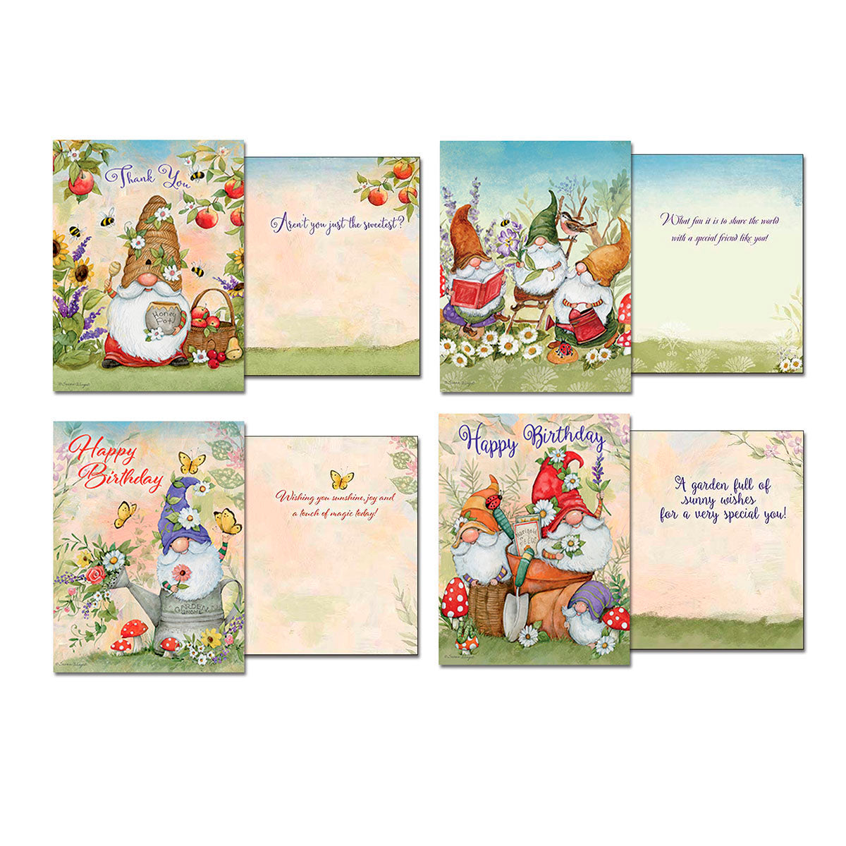 Detailed view of all four unique Susan Winget gnome greeting card designs and their corresponding heartwarming inside messages, including birthday, thank you, and thinking of you themes.