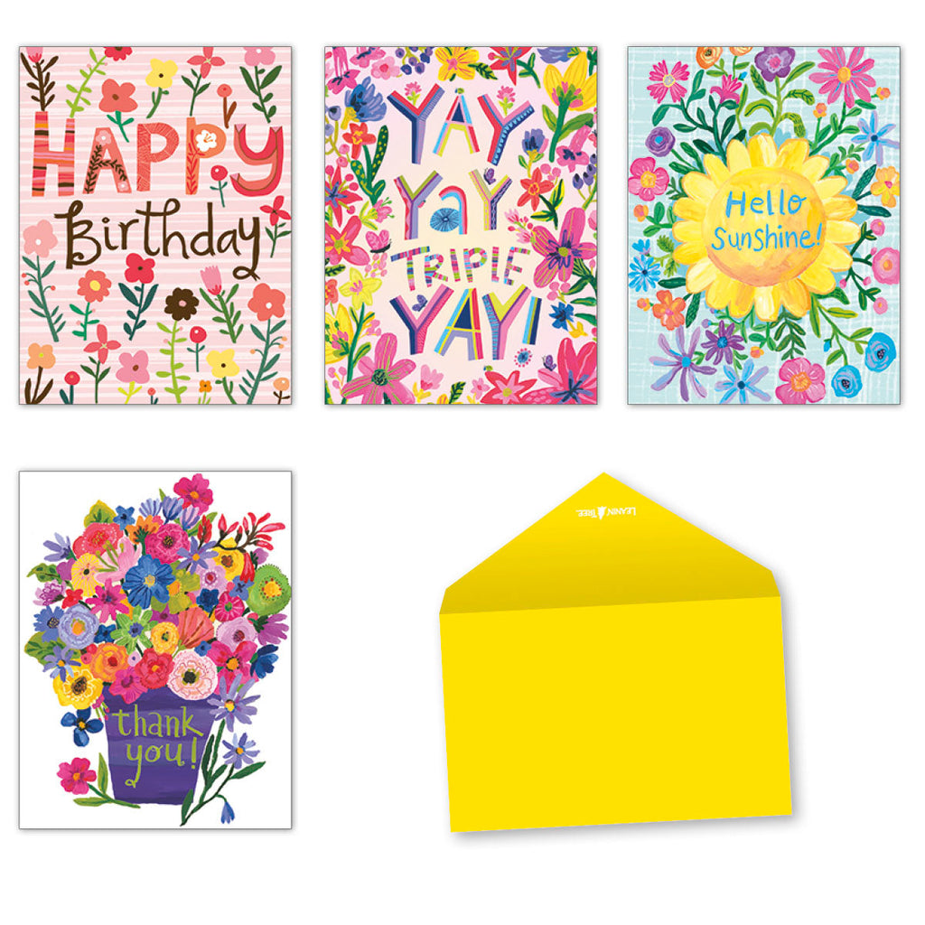 Assortment of four cheerful floral greeting cards with a bright yellow envelope for various occasions like birthday, thank you, and celebrations.