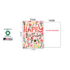 Happy Birthday greeting card displaying its dimensions (5.5 x 4.5 inches), inside message '...to extra-special you!', and sustainability features like soy-based inks and USA made.