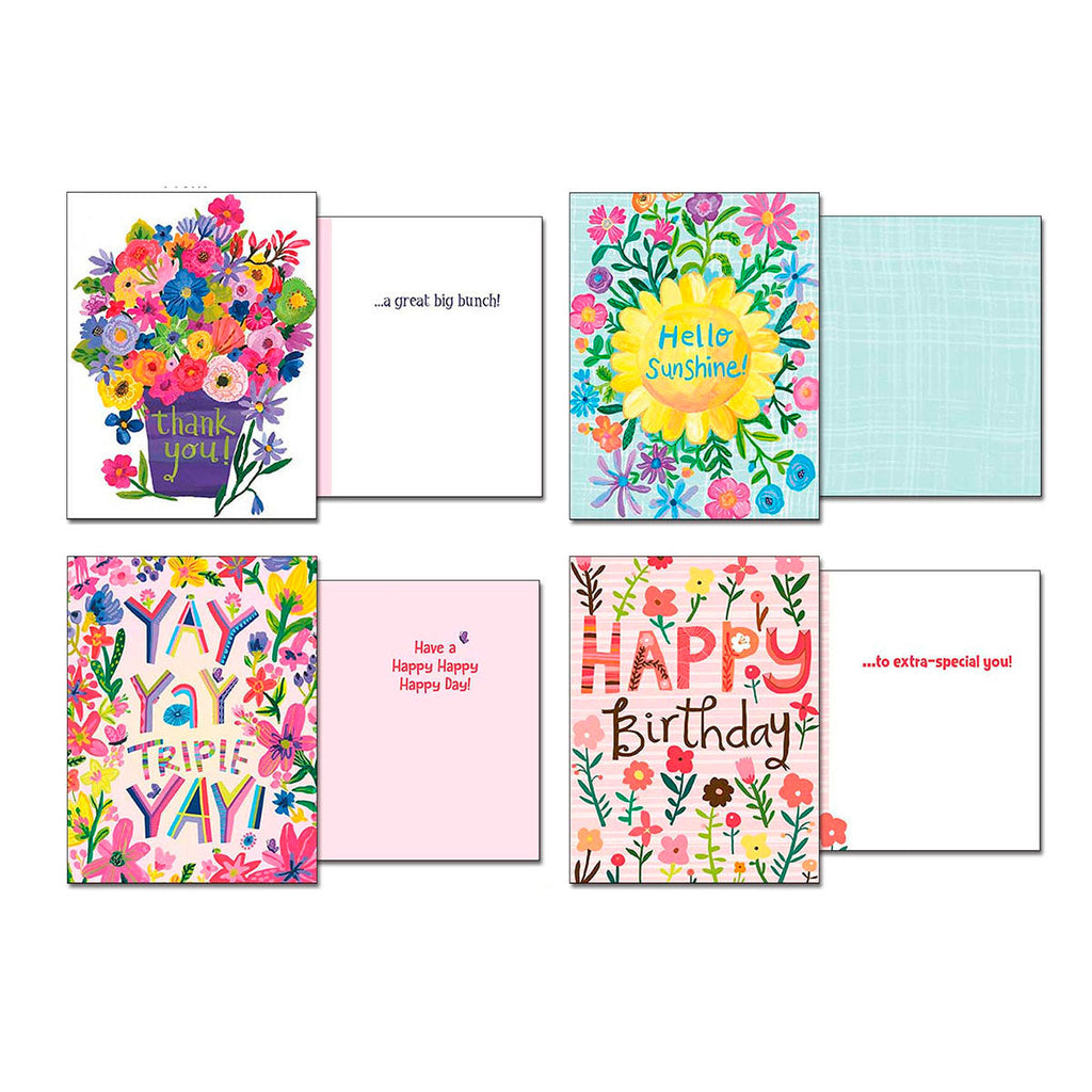 Four different floral greeting cards opened to reveal their inside messages: '...a great big bunch!', 'Have a Happy Happy Happy Day!', 'Hello Sunshine!', and '...to extra-special you!'.