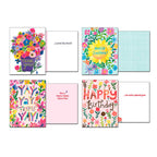 Four different floral greeting cards opened to reveal their inside messages: '...a great big bunch!', 'Have a Happy Happy Happy Day!', 'Hello Sunshine!', and '...to extra-special you!'.