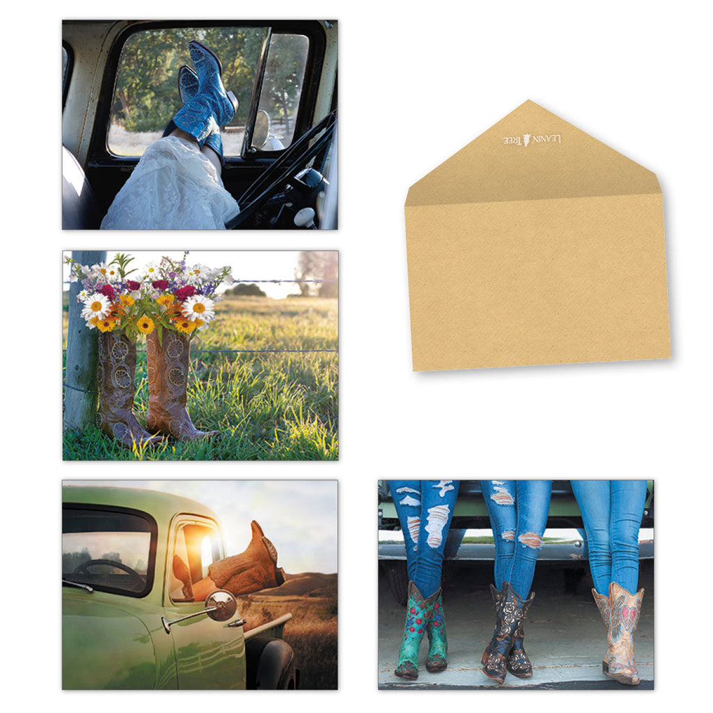Assortment of four country-themed greeting cards featuring cowboy boots and vintage trucks, perfect for sending warm wishes.