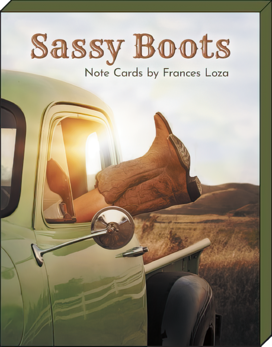 Sassy Boots note card box featuring a whimsical illustration of a cowboy boot resting out a vintage green truck window at sunset, ideal for unique greetings.