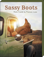 Sassy Boots note card box featuring a whimsical illustration of a cowboy boot resting out a vintage green truck window at sunset, ideal for unique greetings.