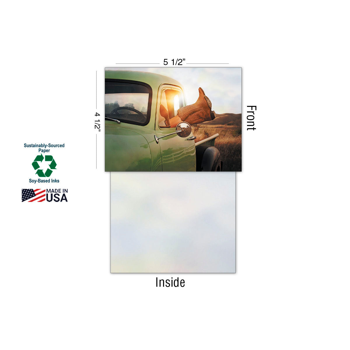 Individual greeting card showing dimensions (4 1/2 x 5 1/2 inches) with a cowboy boot out a truck window design, made from sustainably-sourced paper in the USA.