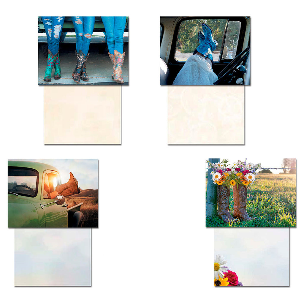 Four distinct greeting cards with their blank interiors, showcasing diverse country-western boot and truck designs, ready for personalized messages.