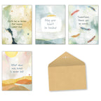Four distinct sympathy greeting cards with abstract watercolor designs featuring comforting messages, along with a simple brown envelope.
