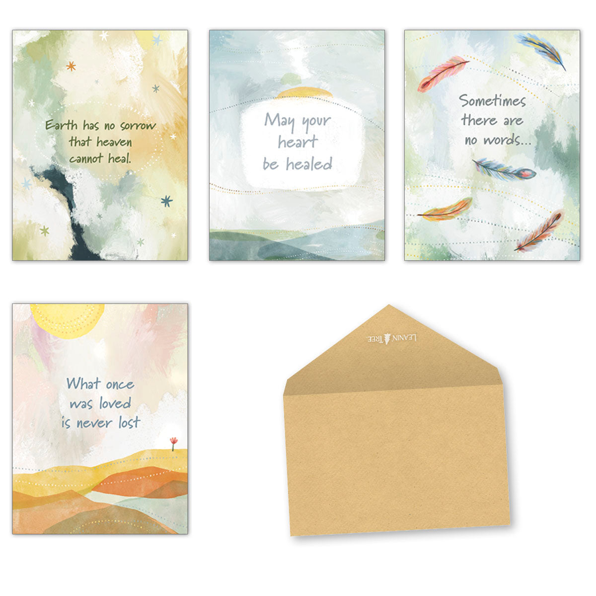 Four distinct sympathy greeting cards with abstract watercolor designs featuring comforting messages, along with a simple brown envelope.