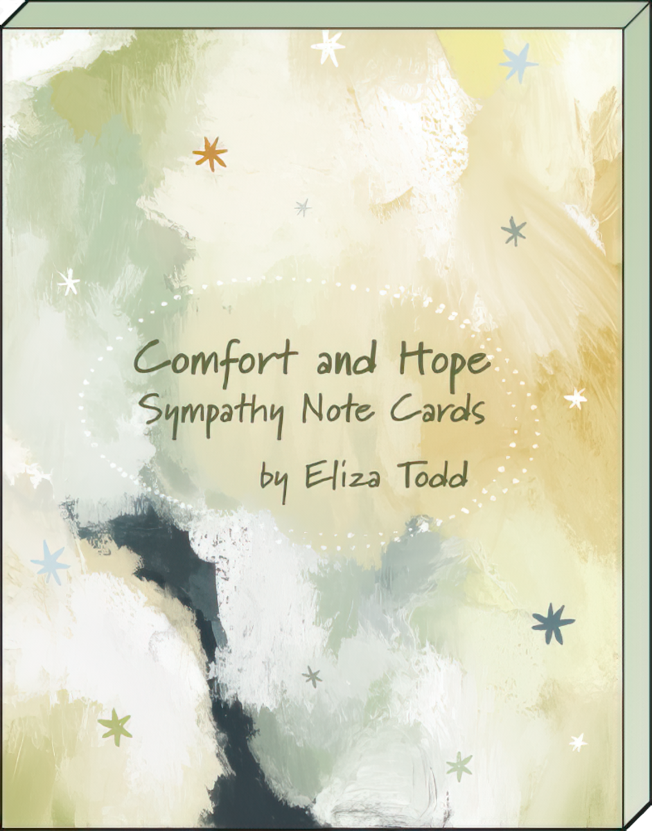 Front view of a boxed set titled 'Comfort and Hope Sympathy Note Cards by Eliza Todd', showcasing an abstract watercolor design cover with muted green, blue, and cream tones.