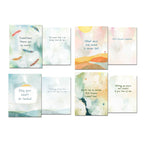 Eight individual card views showing the front and inside messages of four unique sympathy card designs. Messages include 'Sometimes there are no words...', 'May your heart be healed', 'Earth has no sorrow that heaven cannot heal', and 'What once was loved is never lost', each paired with a thoughtful inside sentiment.