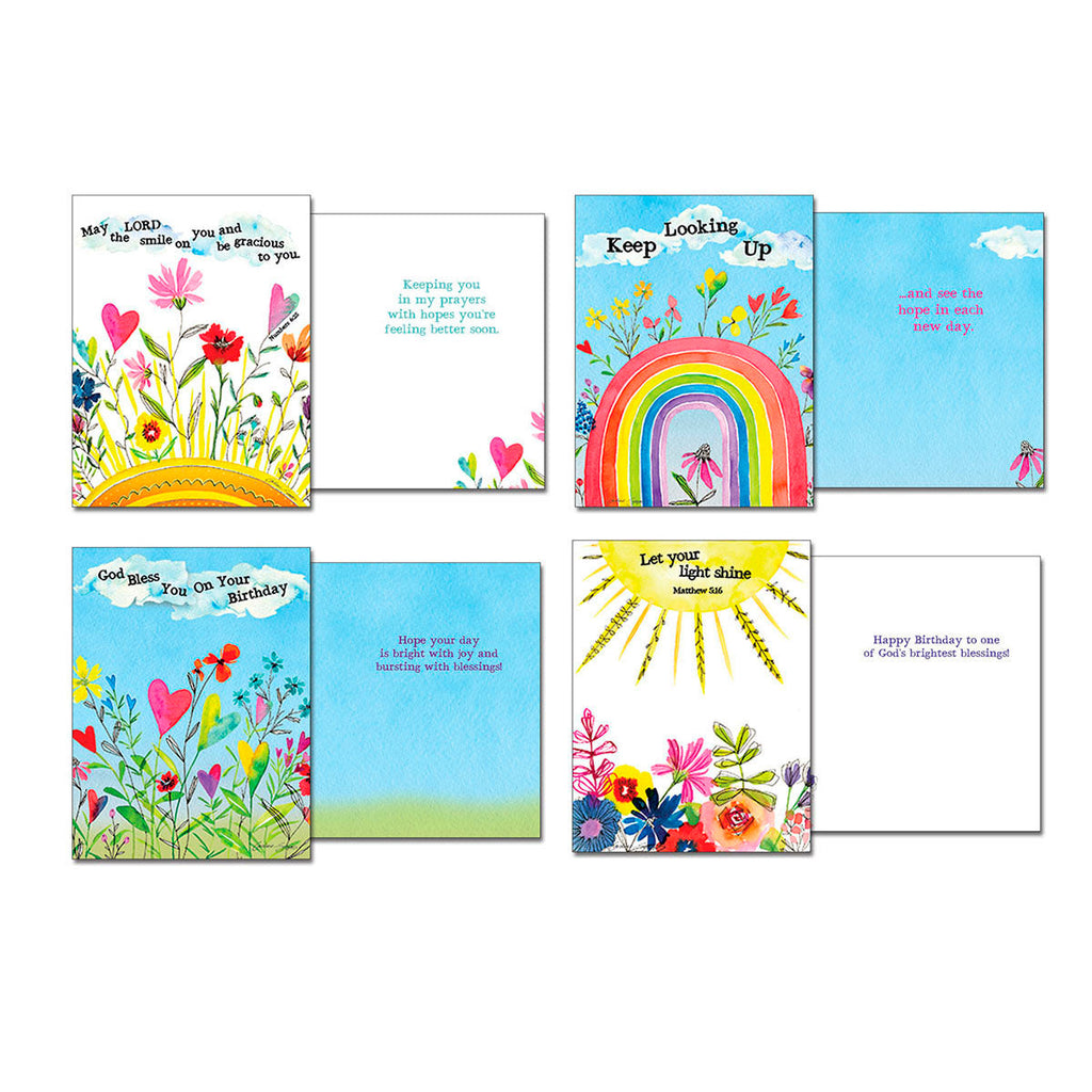 Display of four different open religious greeting cards from the assortment, showing both the front designs and inner messages. Includes cards with sun and 'Let your light shine', rainbow and 'Keep Looking Up', hearts and 'God Bless You On Your Birthday', and sun with 'May LORD the smile on you'.
