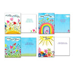 Display of four different open religious greeting cards from the assortment, showing both the front designs and inner messages. Includes cards with sun and 'Let your light shine', rainbow and 'Keep Looking Up', hearts and 'God Bless You On Your Birthday', and sun with 'May LORD the smile on you'.