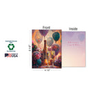 Vibrant greeting card showcasing a large bouquet of colorful balloons in shades of pink, teal, gold, and purple, symbolizing joy and festivity.