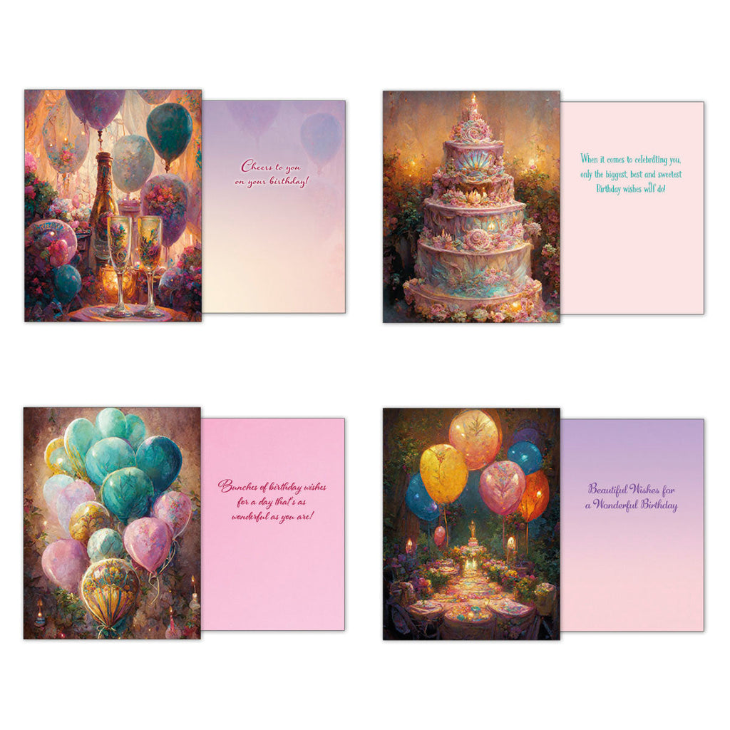 Whimsical greeting card depicting a magical outdoor party setting with a candlelit table, glowing lanterns, and festive balloons floating overhead.