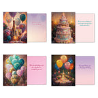 Whimsical greeting card depicting a magical outdoor party setting with a candlelit table, glowing lanterns, and festive balloons floating overhead.
