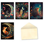 An assortment of four whimsical greeting cards and a blank cream envelope. Each card features a different woodland animal (rabbit, owl, hedgehog, fox) under a glowing crescent moon, surrounded by vibrant flowers and starry night skies. Designs are artistic and colorful.