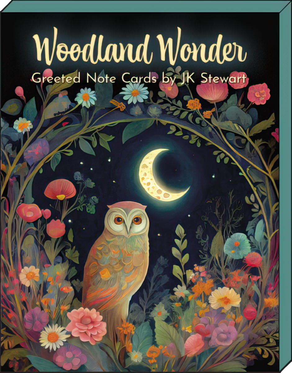 Close-up of a 'Woodland Wonder' greeting card box, featuring a serene owl perched amidst colorful flowers under a bright crescent moon and starry sky. The artwork is whimsical and enchanting, with deep blue and black background tones.