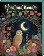 Close-up of a 'Woodland Wonder' greeting card box, featuring a serene owl perched amidst colorful flowers under a bright crescent moon and starry sky. The artwork is whimsical and enchanting, with deep blue and black background tones.