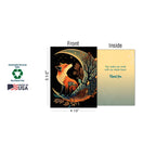 Display showing the front of a greeting card with a fox on a crescent moon and the open inside with 'You make me smile with my whole heart. Thank You.' Text indicates dimensions (5 1/2" x 4 1/2"), 'Sustainably-Sourced Paper,' 'Soy-Based Inks,' and 'Made in USA.'